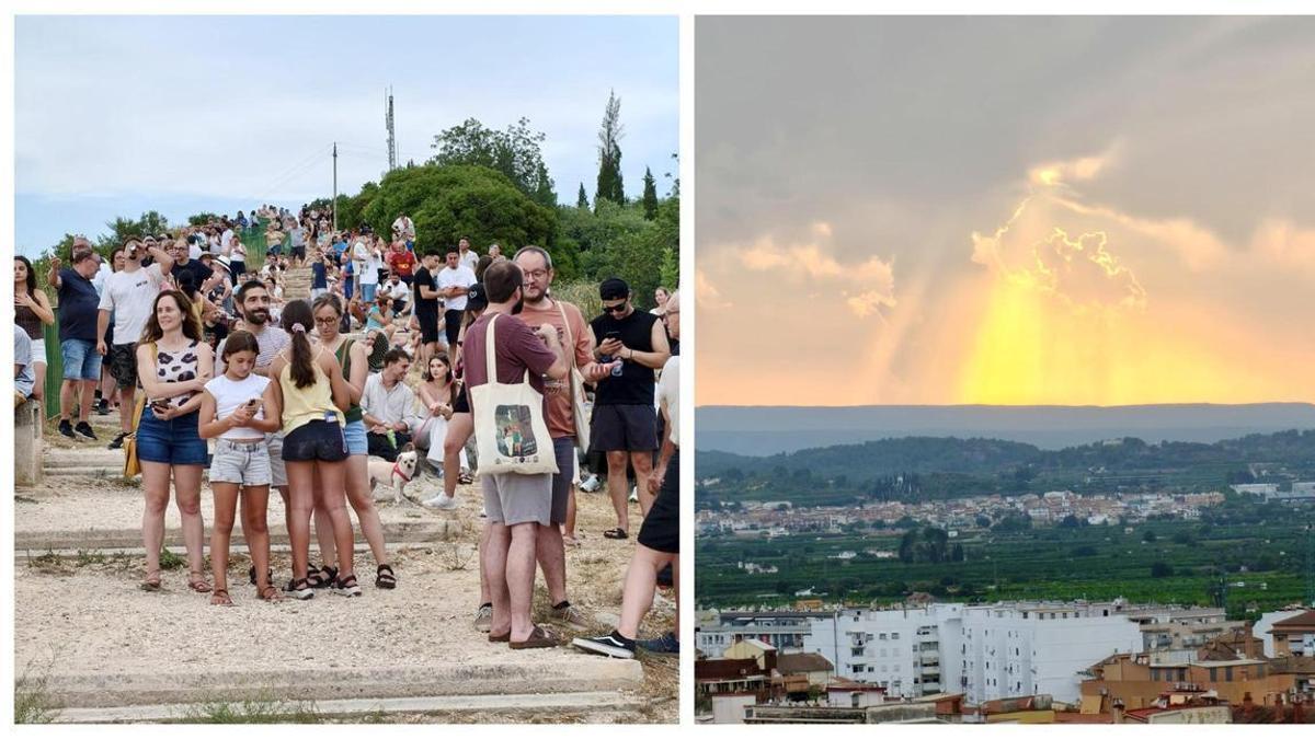 A la izquierda, diferentes grupos observan el eclipse desde el mirador del Bellveret de Xàtiva. A la derecha, el fenómeno tapado por las nubes.