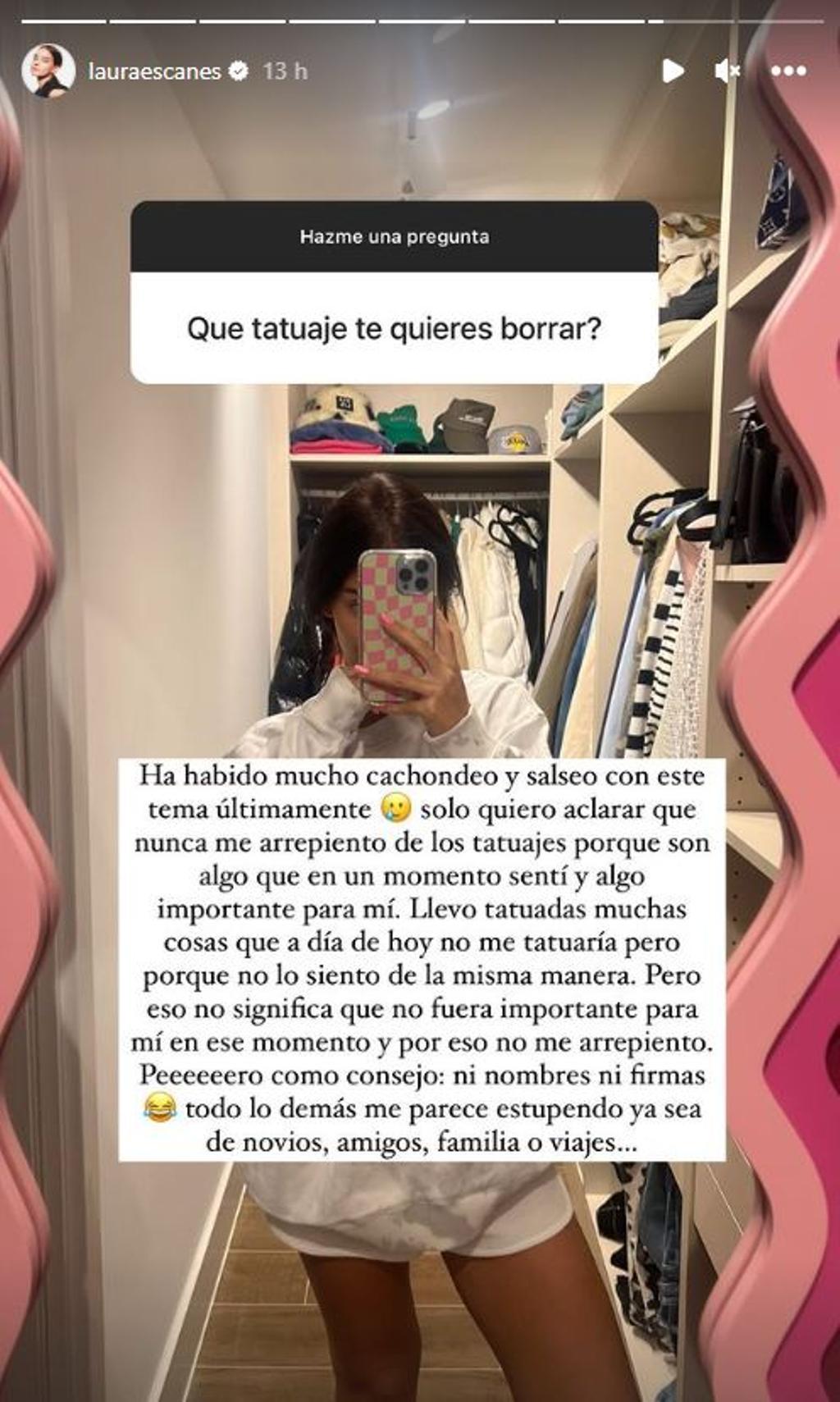 Pantallazo de redes sociales de Laura Escanes hablando sobre sus tatuajes.
