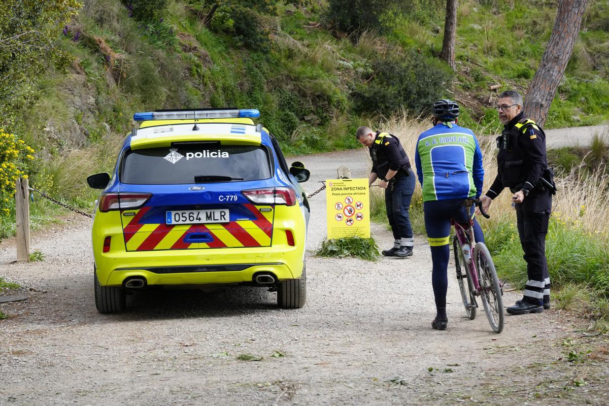 Agentes de la Guardia Urbana colocan carteles informando del cierre del acceso al Parque de Collserola, durante la mñana del 12 de marzo de 2026