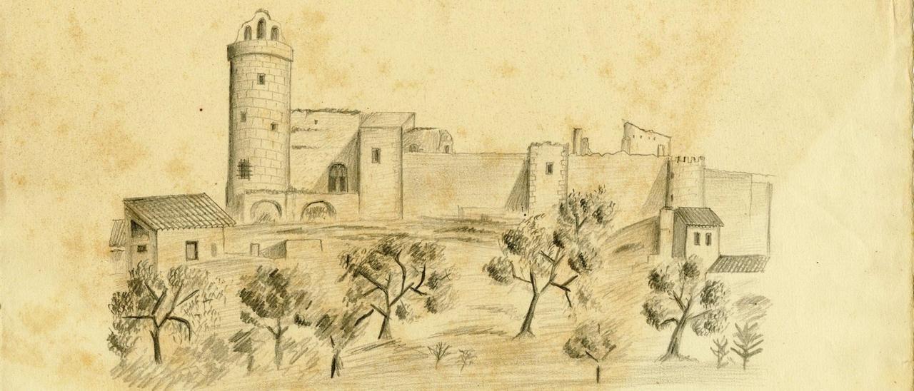 El castillo de Elda tal y como José María Ruiz de Lope lo pintó en el año 1869.