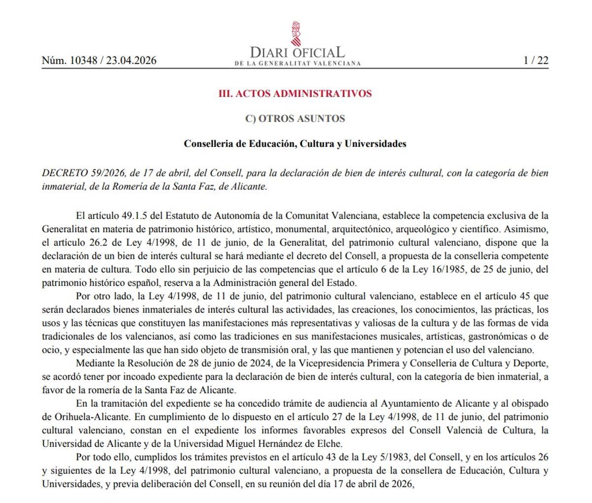 Decreto para la declaración de la romería de la Santa Faz como BIC, publicado en el DOGV.