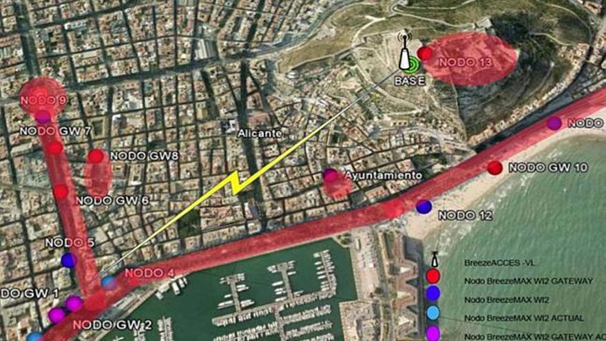 Mapa elaborado por el Ayuntamiento de Alicante donde están marcadas todas las zonas que ya tienen cobertura wifi libre.