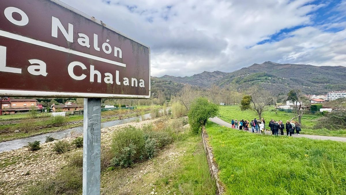 El río Nalón a su paso por La Chalana, con el polémico muro a la derecha