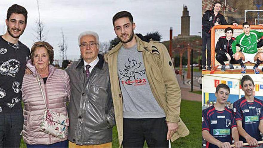 Izda: Bruno (i) y Roberto (d) di Benedetto, con sus abuelos Fina y Domingo. Dcha, arriba: La familia cuando los hermanos se enfrentaron en A Coruña (2017). Dcha, abajo: Roberto, Carlo y Bruno, en 2013, con el Merignac en el Torneo de Compañía.