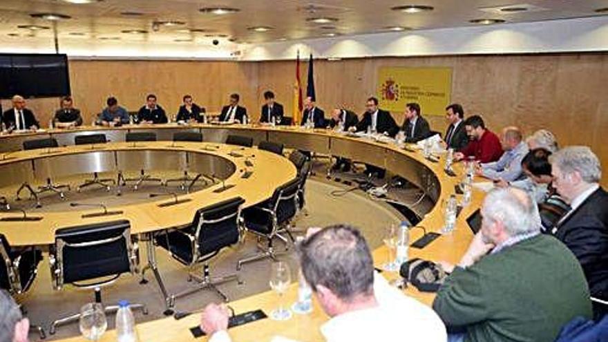 Representantes de Gobierno, Xunta, Principado, Alcoa y comités de empresa, en la reunión de ayer en Madrid.