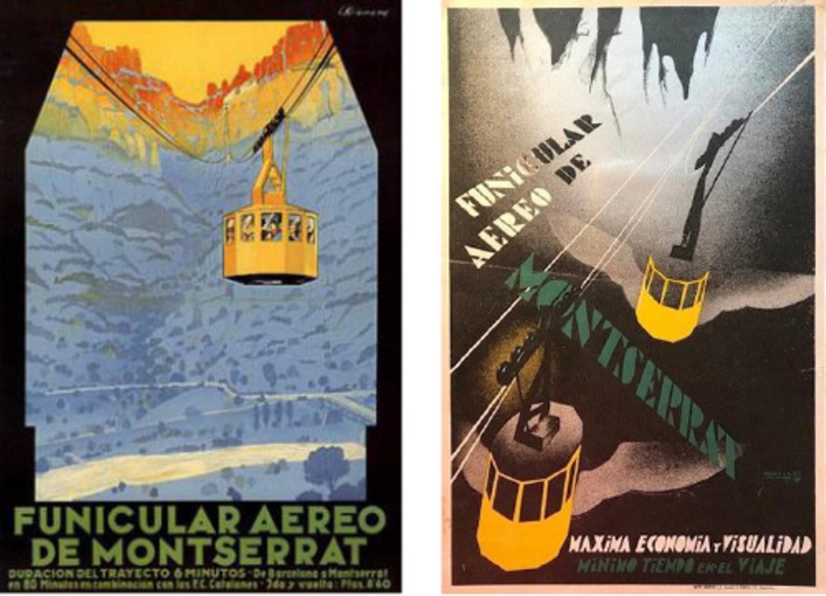 Dos cartells històrics que publicitaven l'aeri de Montserrat