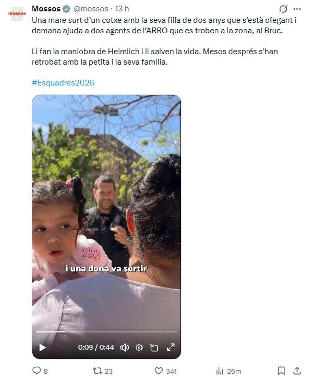Piulada dels Mossos explicant el retrobament entre la família i els agents