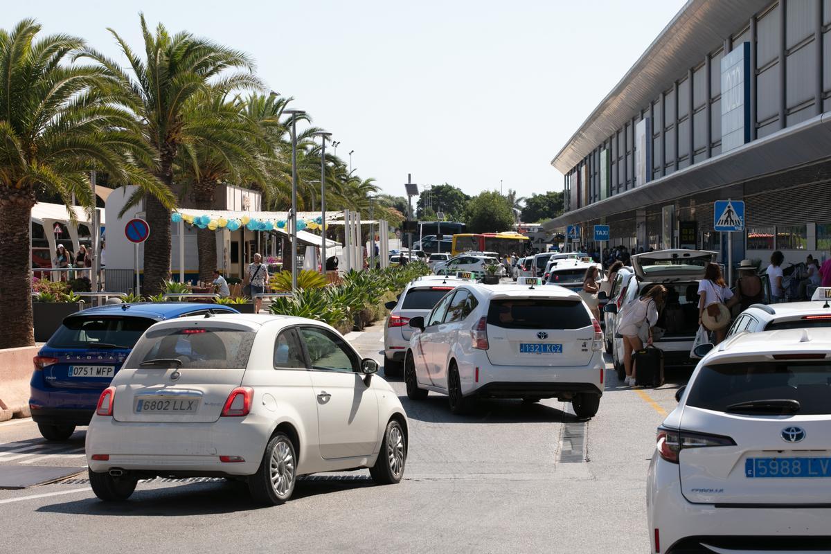 Cola de vehículos en la entrada a la terminal.
