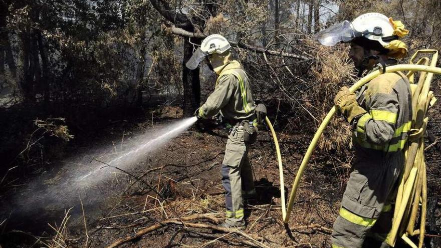 Bomberos forestales, ayer, durante las labores de extinción en San Cristóbal de Az. // Bernabé/Javier Lalín