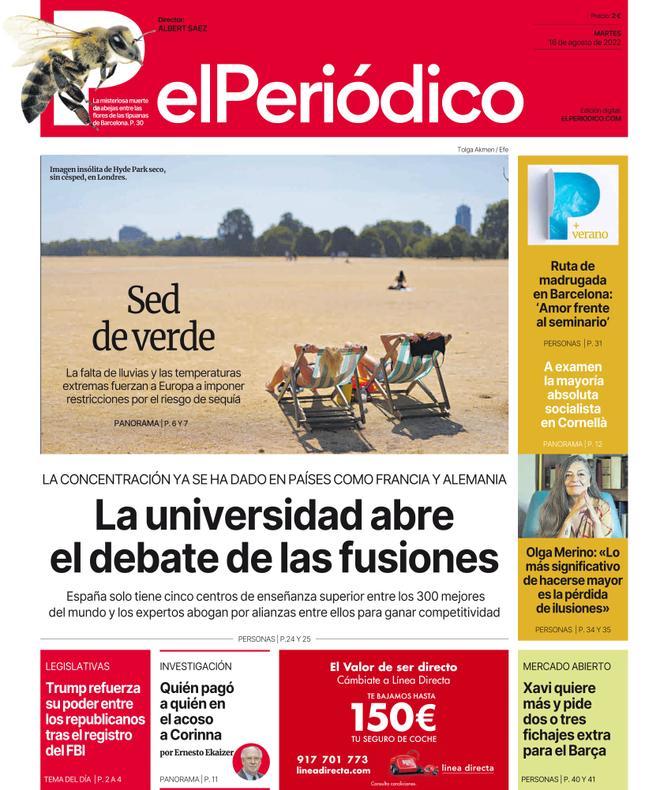 La portada d’EL PERIÓDICO del 16 d’agost del 2022