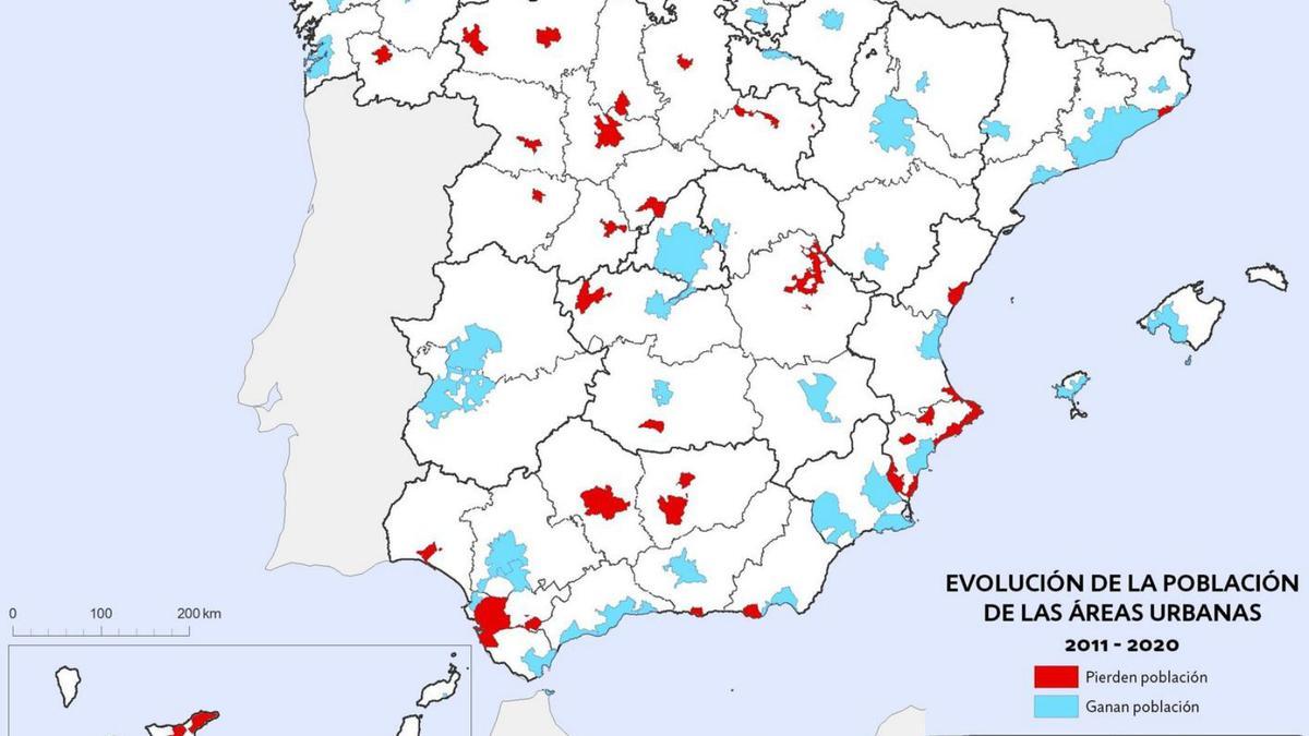 Mapa con la evolución de la población de las áreas urbanas en los últimos diez años. |