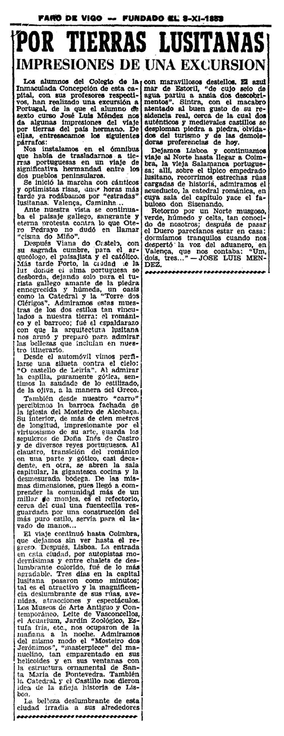 Primeiro artigo publicado por Méndez Ferrín en FARO (abril de 1954)