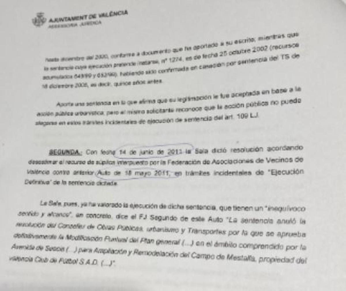 Documento enviado por el Ayuntamiento a la sala de lo contencioso-administrativo del TSJCV