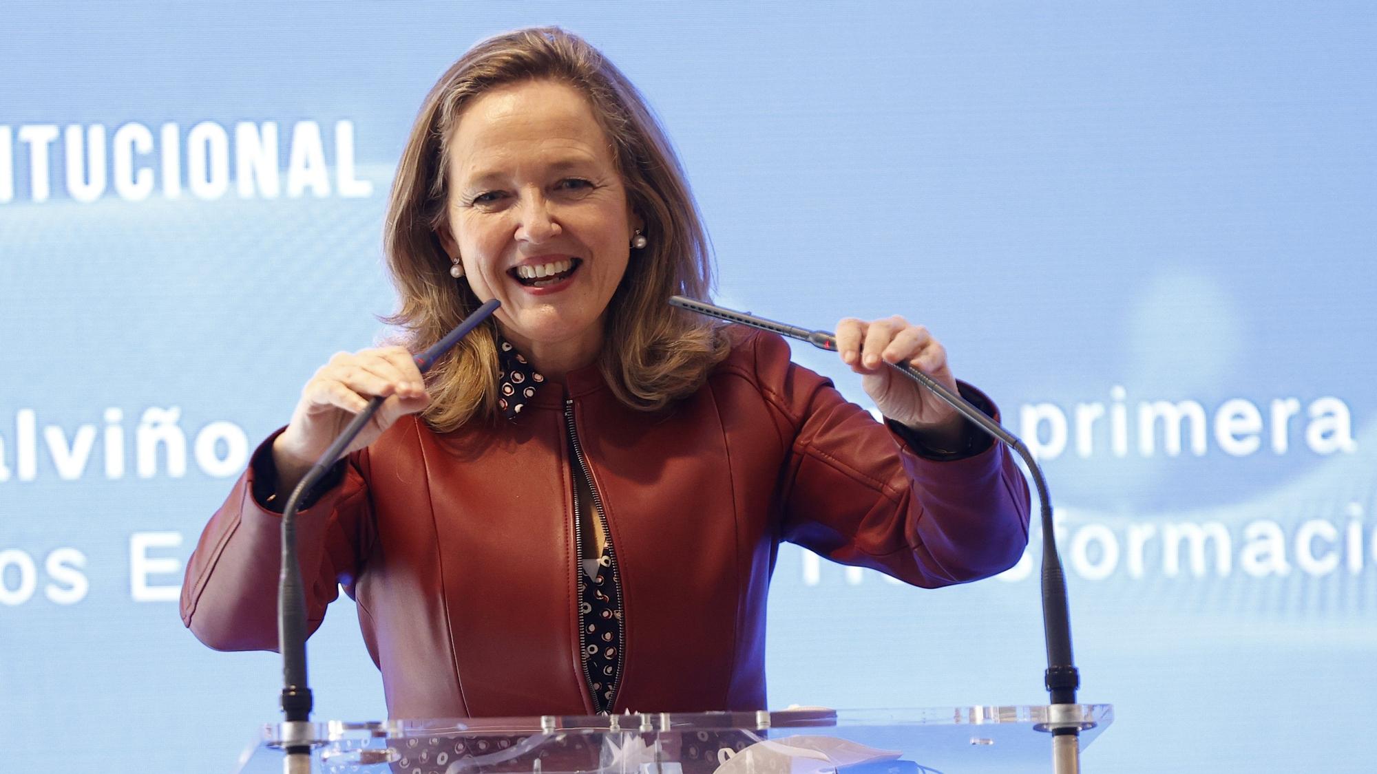 La vicepresidenta primera y ministra de Asuntos Económicos y Transformación Digital, Nadia Calviño, en unas jornadas en la sede de la CEOE en Madrid.