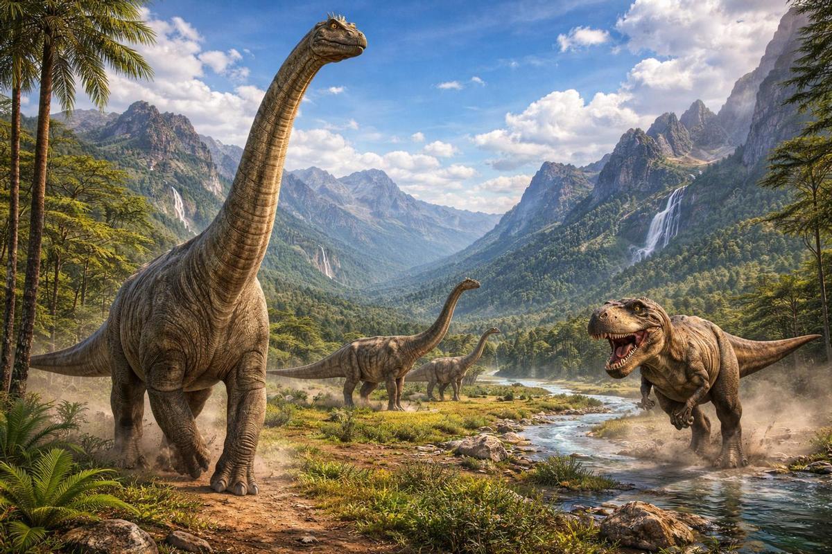 Recreación realizada por la IA de un gran saurópodo perseguido por un tiranosaurio rex.
