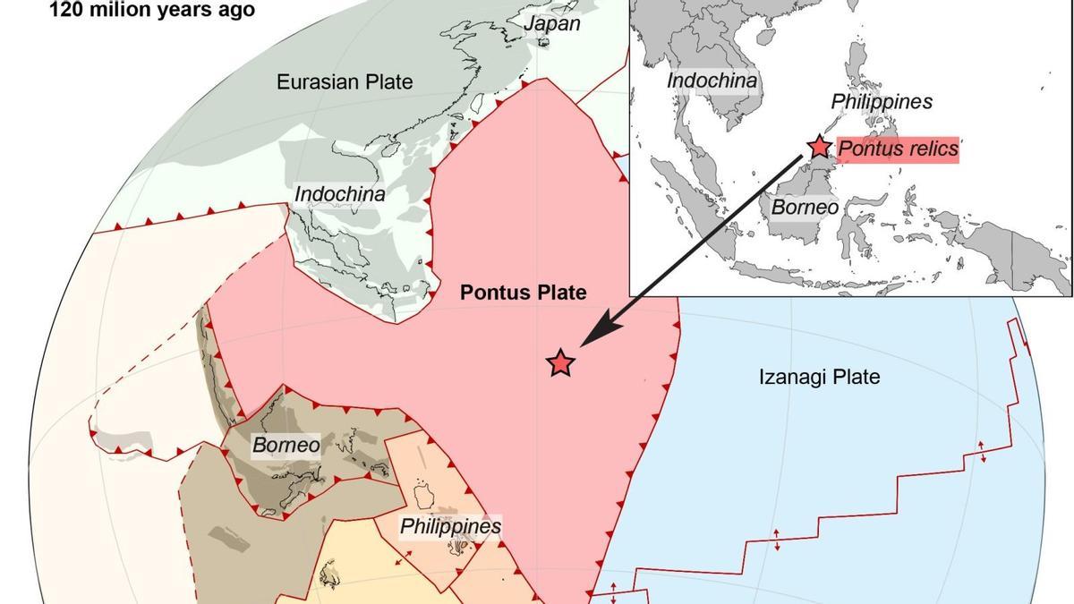 La placa oceánica Pontus y su ubicación hace 120 millones de años.