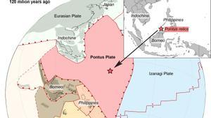 La placa oceánica Pontus y su ubicación hace 120 millones de años.