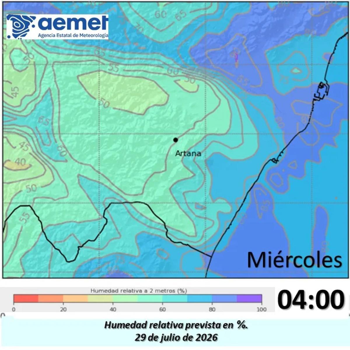 La humedad prevista la madrugada del 29 de julio a las 04:00 horas.