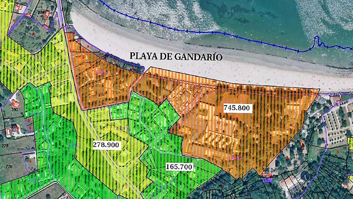 Vista aérea de la valoración de vivienda en Gandarío por zonas según el Catastro. |   // L.O.