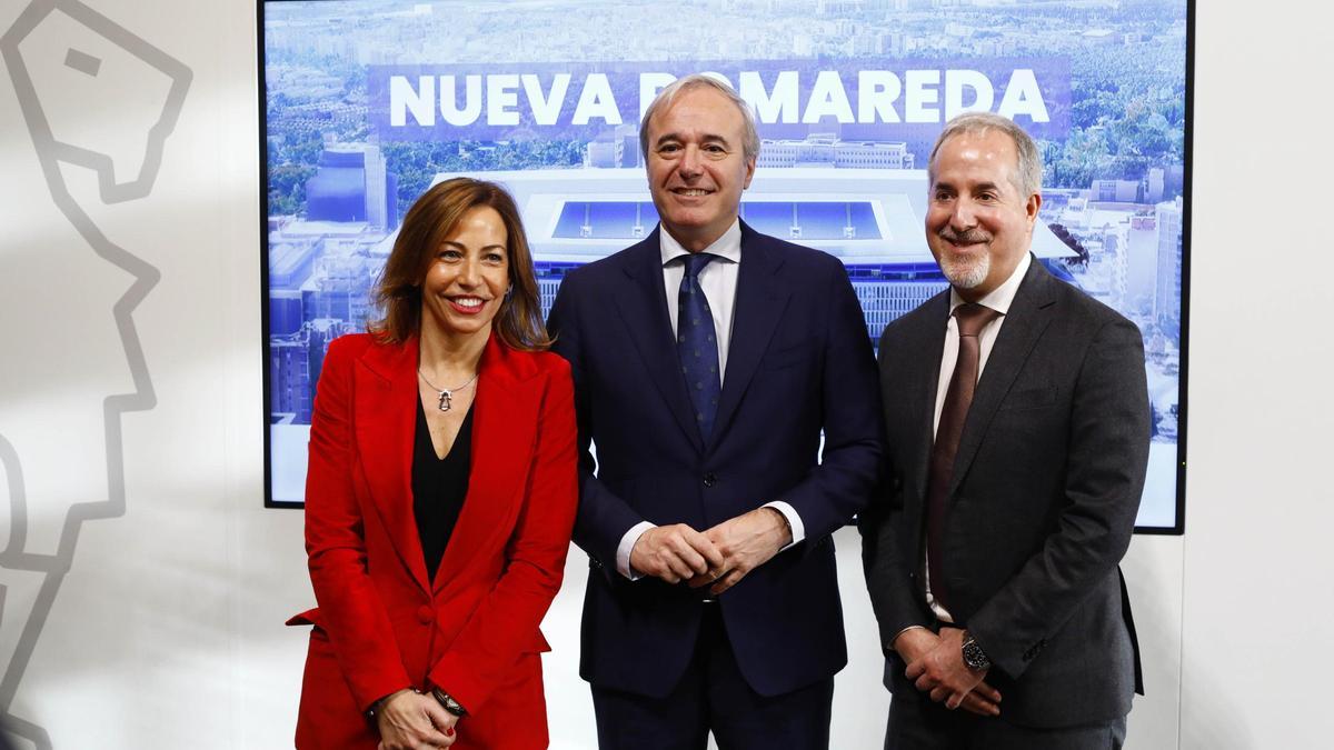 Natalia Chueca, Jorge Azcón y Jorge Mas, el día que se anunció la creación de la sociedad Nueva Romareda.