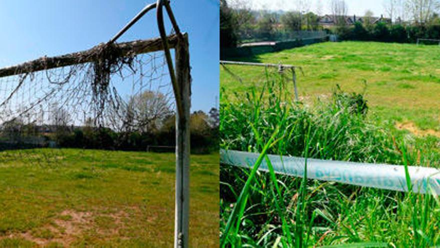 Red rota en una de las porterías del recinto cambrés/Vista del campo de fútbol de A Balastreira, con un precinto de Caixanova en un fondo