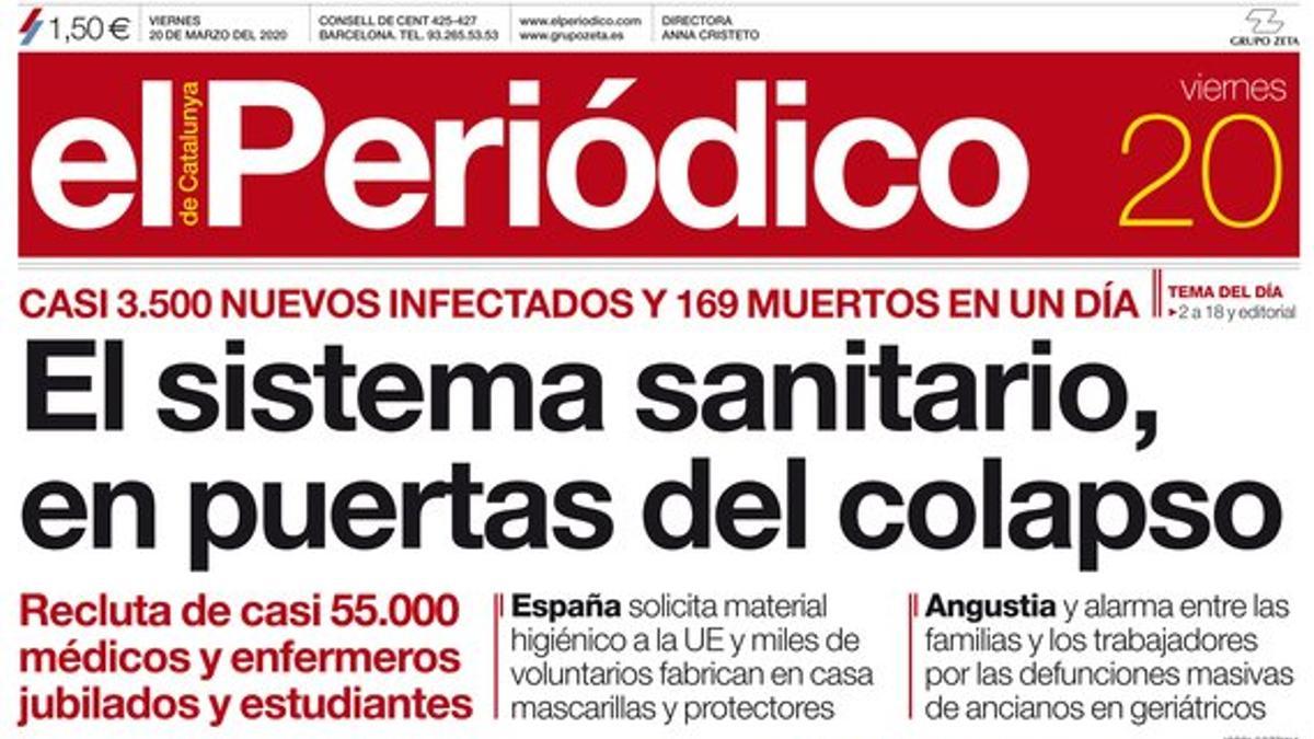 La portada de EL PERIÓDICO del 20 de marzo del 2020