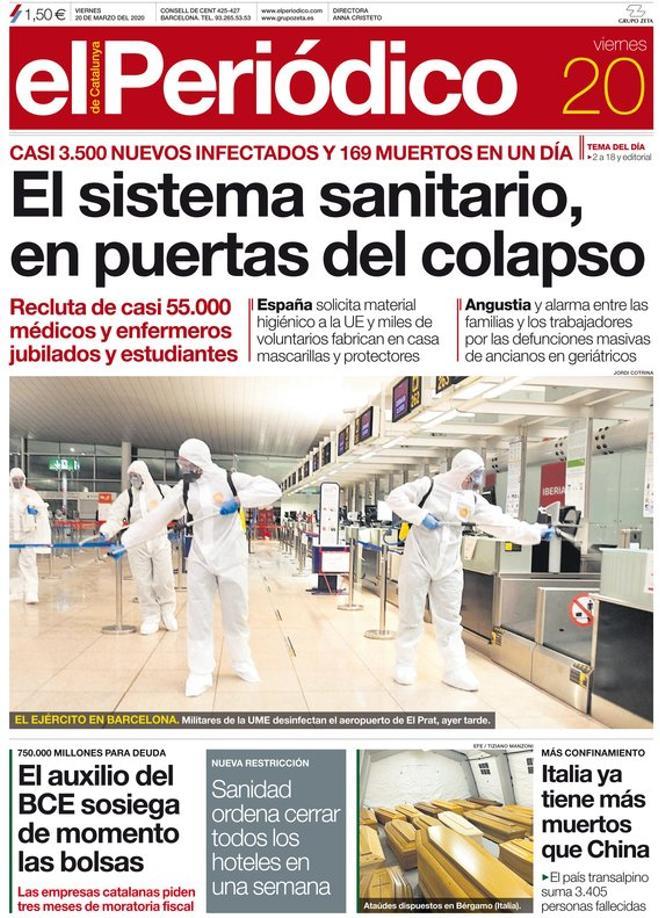 La portada de EL PERIÓDICO del 20 de marzo del 2020.