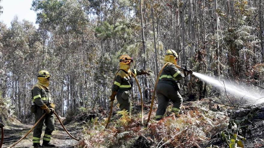 Operarios apagan un incendio en Gondomar. // José Lores