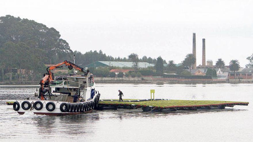 La batea de polietileno se botó ayer al mar en Dena, Concello de Meaño.  // J.L.Oubiña