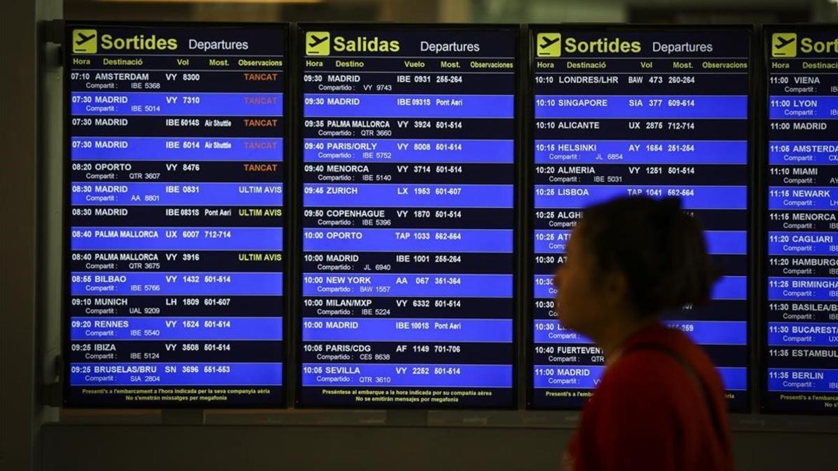 Panel de vuelos de El Prat, a finales de abril pasado, un día de huelga de pilotos de Vueling.