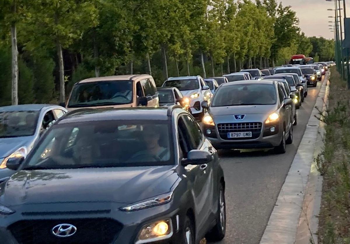 Retenciones en la principal vía de acceso a Puerto Venecia, este domingo por la tarde.