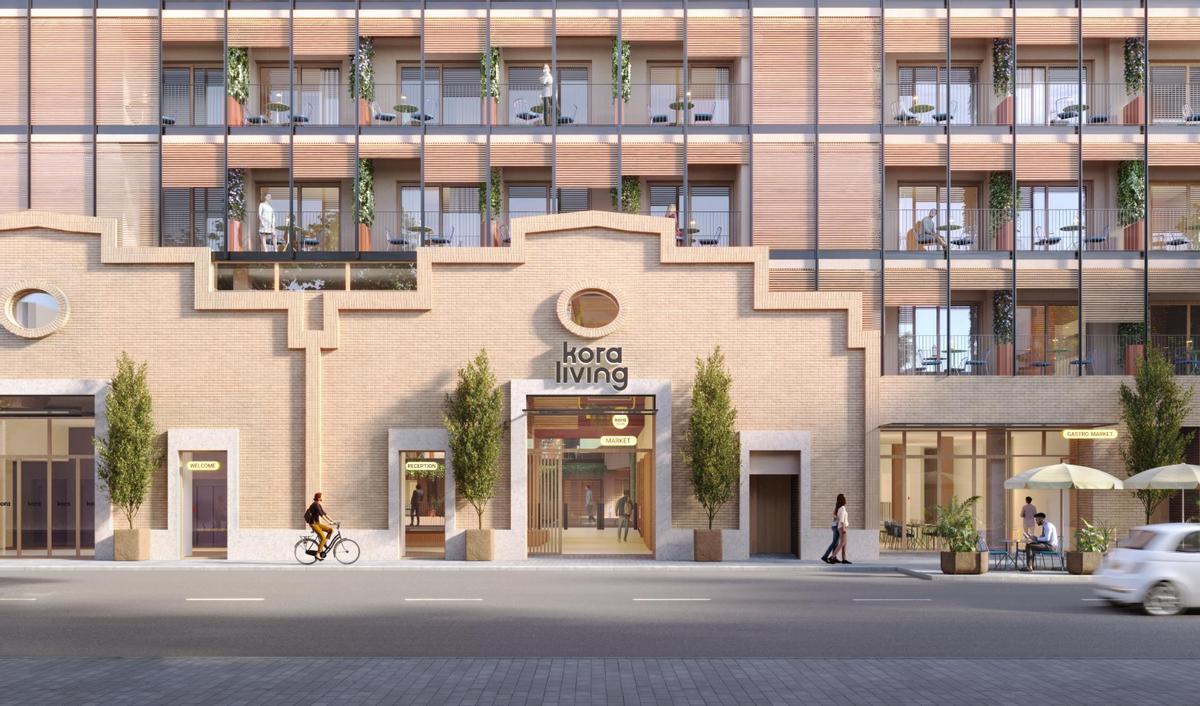 Recreación de la fachada de Kora Lluna Flex Living, que abrirá en el Cabanyal en el tercer trimestre de 2025.