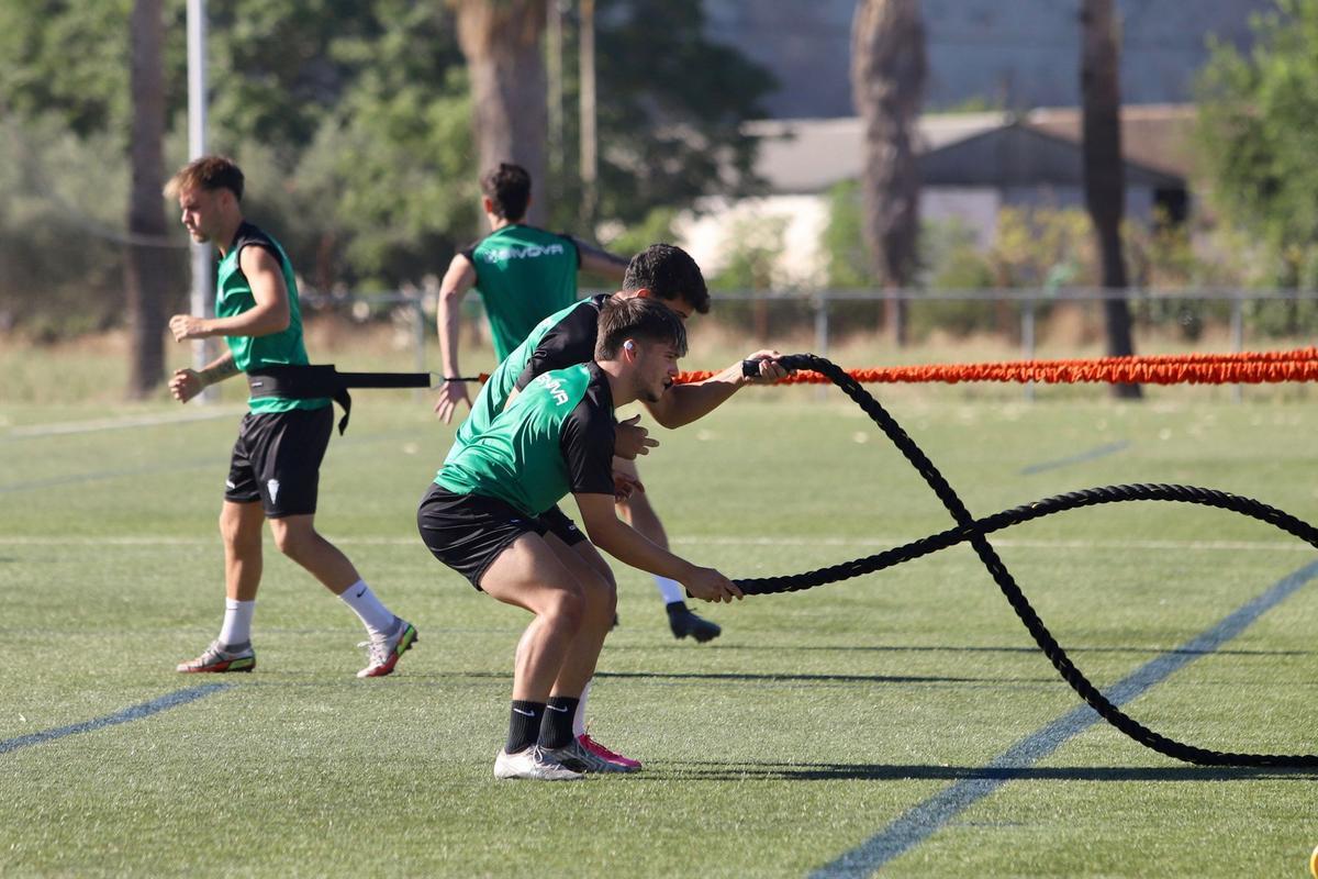 Los futbolistas del Córdoba CF B realizan trabajo físico durante la presente puesta a punto.