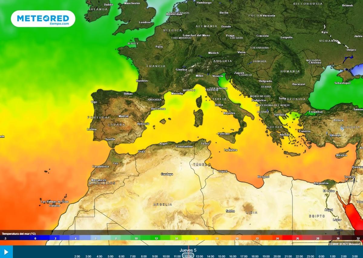 Las tonalidades del mapa muestran las anomalías cálidas en el mar