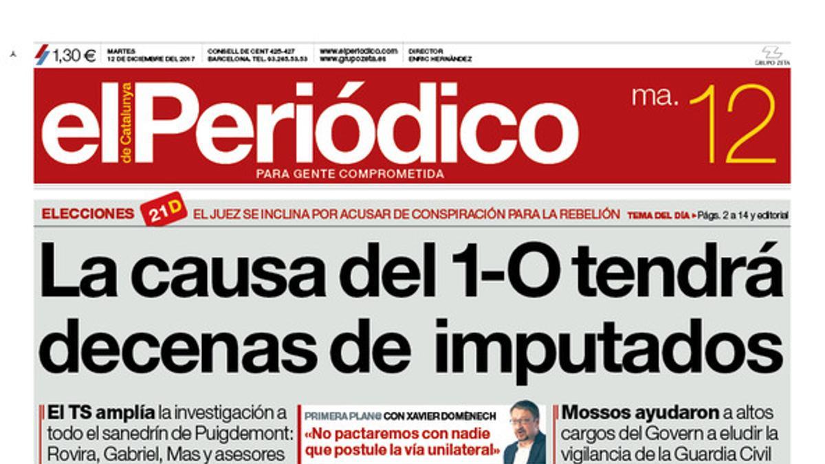 La portada de EL PERIÓDICO del 12 de diciembre del 2017