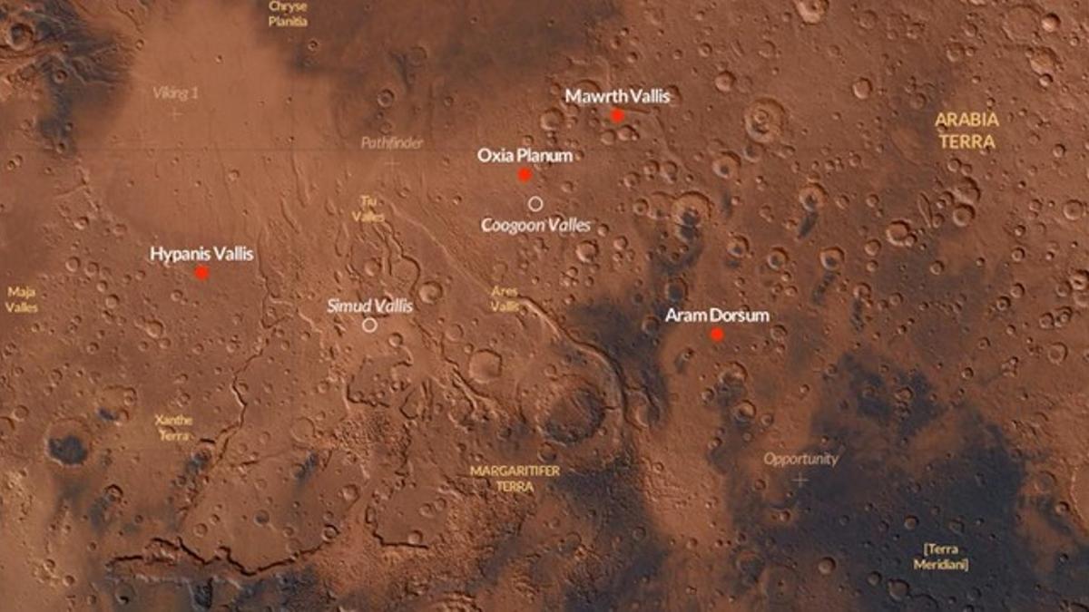 Ubicación de los cuatro emplazamientos posibles para el aterrizaje en Marte de la sonda ExoMars 2018, en las inmediaciones del ecuador del planeta. Oxia Planum es el sitio con más posibilidades.