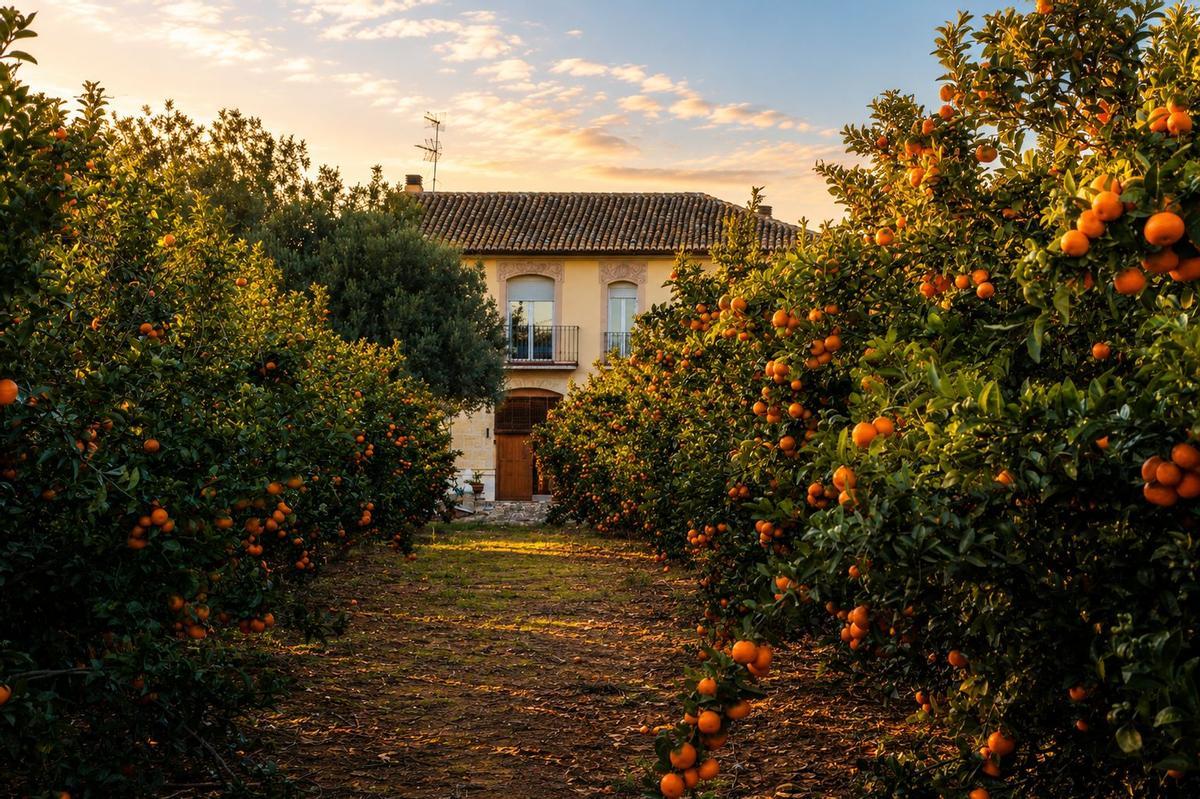 Los campos de naranjos de Casa Magnolia Alquería.