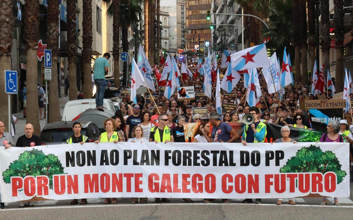 Cientos de personas salen a la calle en Vigo a protestar por la gestión de los incendios... bajo la ceniza