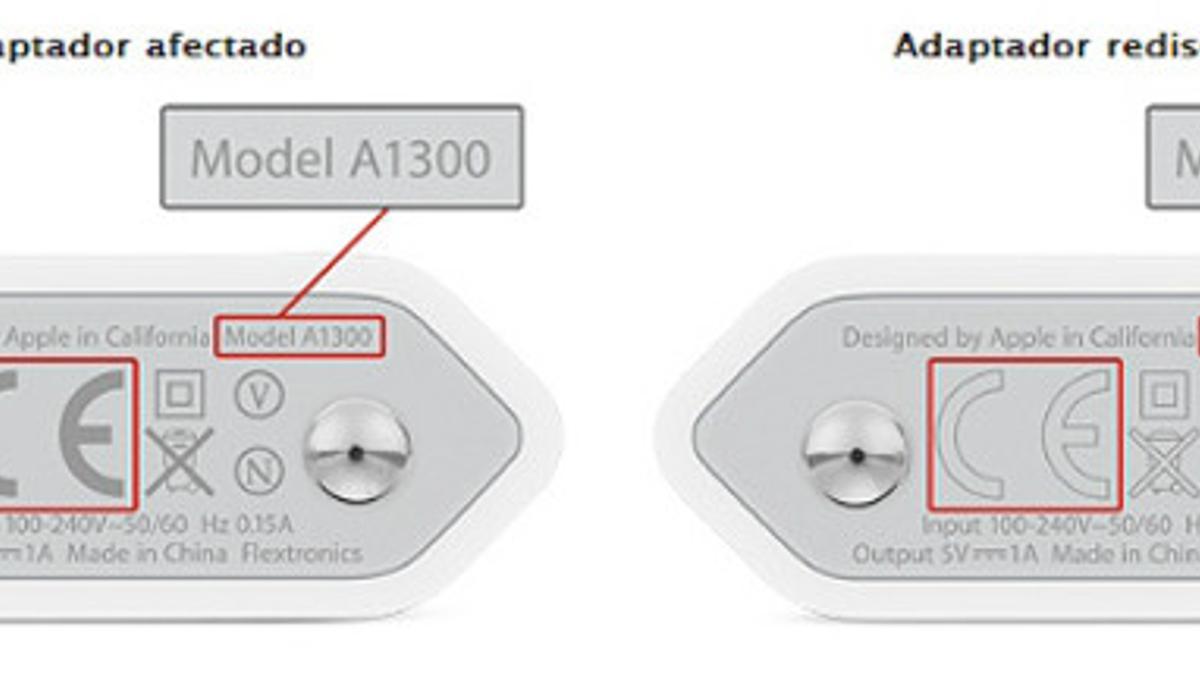 El cargador de USB de Apple defectuoso (izquierda) y el que le sustituirá.