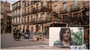 Vista de la plaza de Sepúlveda (Segovia), donde esta semana se ha realizado el montaje para la grabación de la serie The Walking Dead, protagonizada por Norman Reedus.