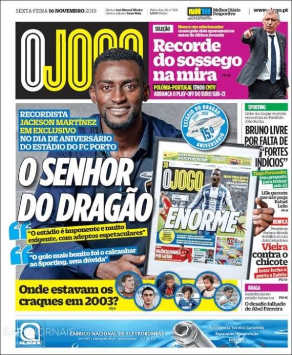 Portada O JOGO viernes 16 de noviembre de 2018