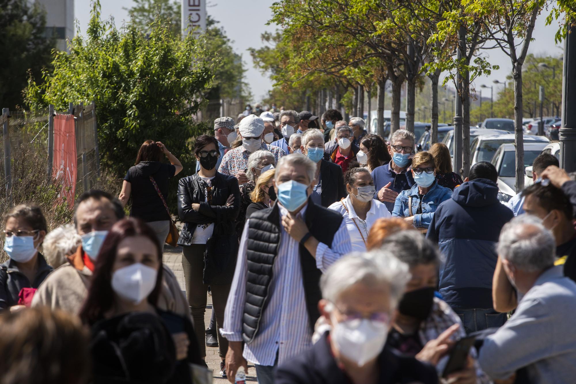 Largas colas al sol para vacunarse contra la COVID-19 en el hospital de campaña de La Fe