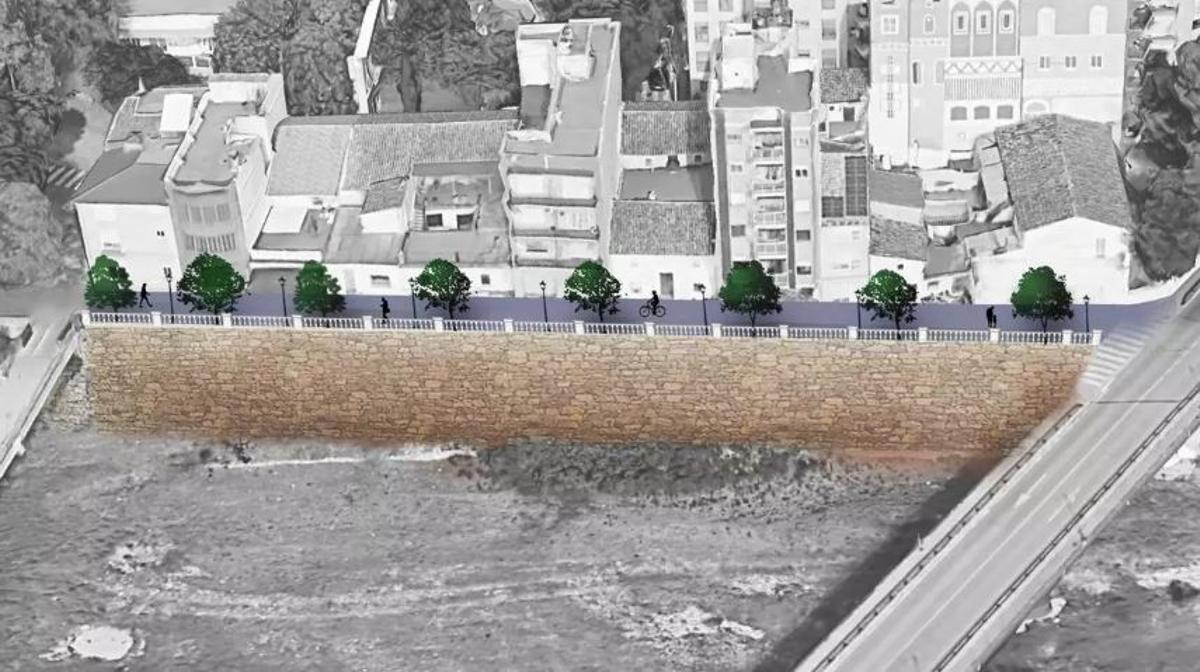 Recreaicó virtual del muro y el paseo ciclopeatonal.
