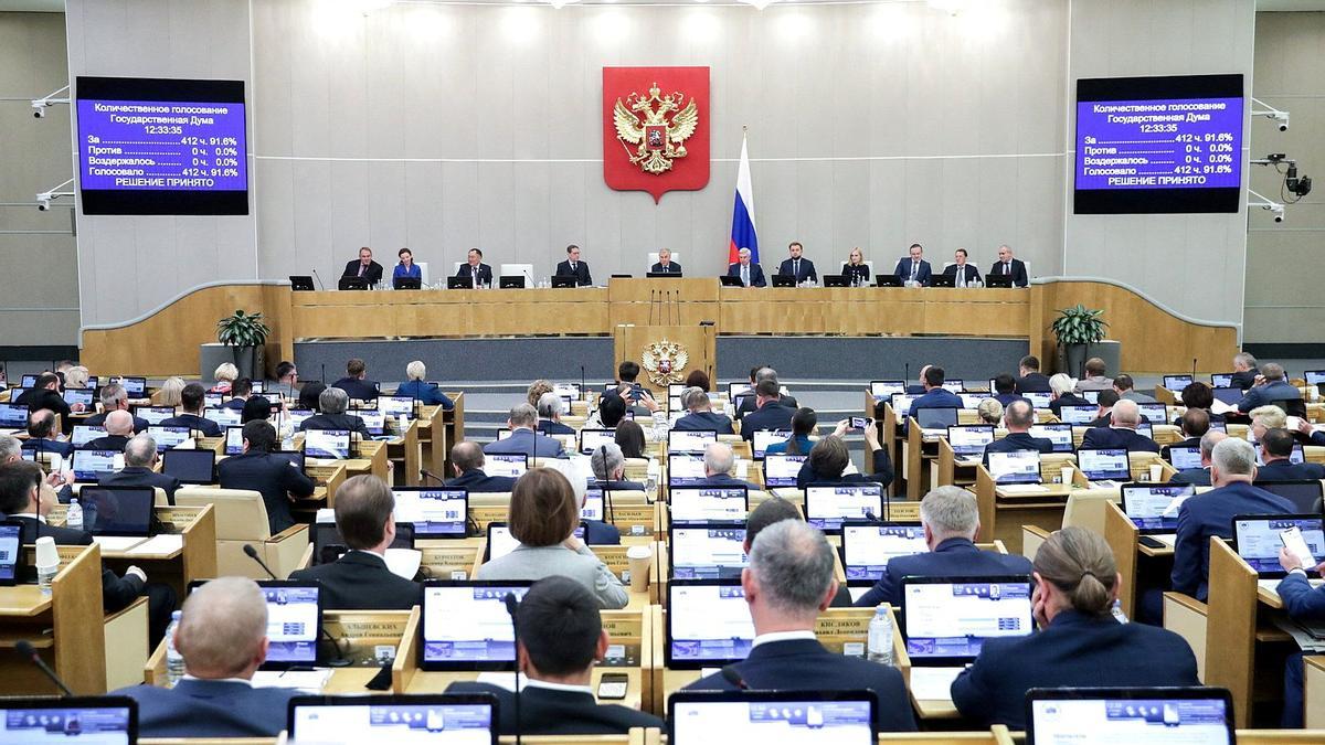 Diputados de la Duma, durante la sesión en la que se ha votado en primera lectura la revocación de la ratificación del tratado que prohíbe ensayos nucleares.