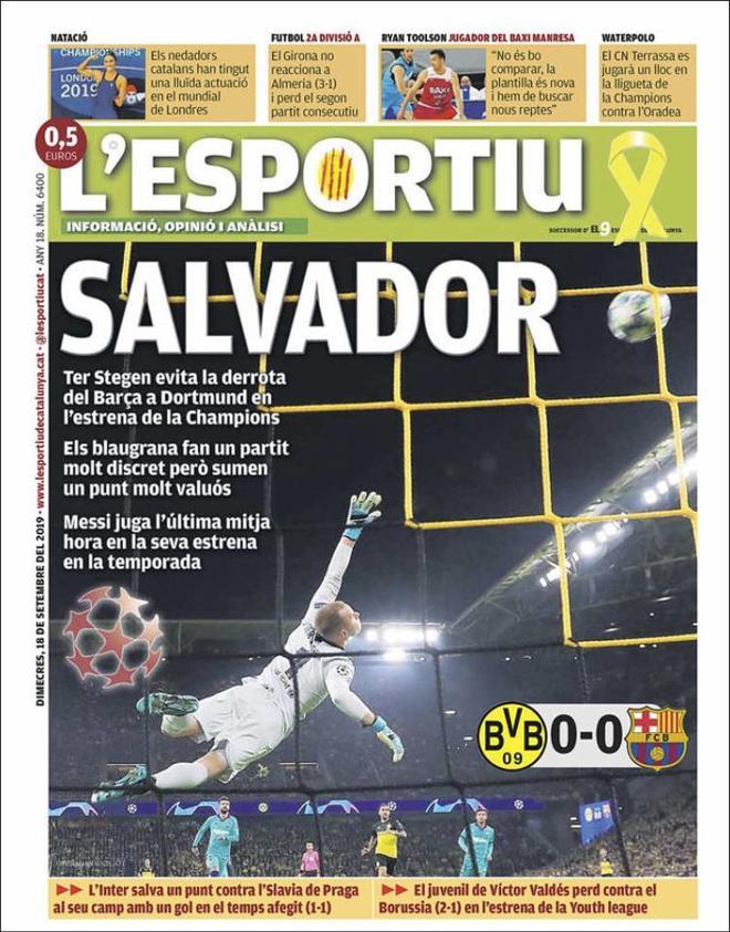 Portada de LEsportiu del 18 de septiembre de 2019