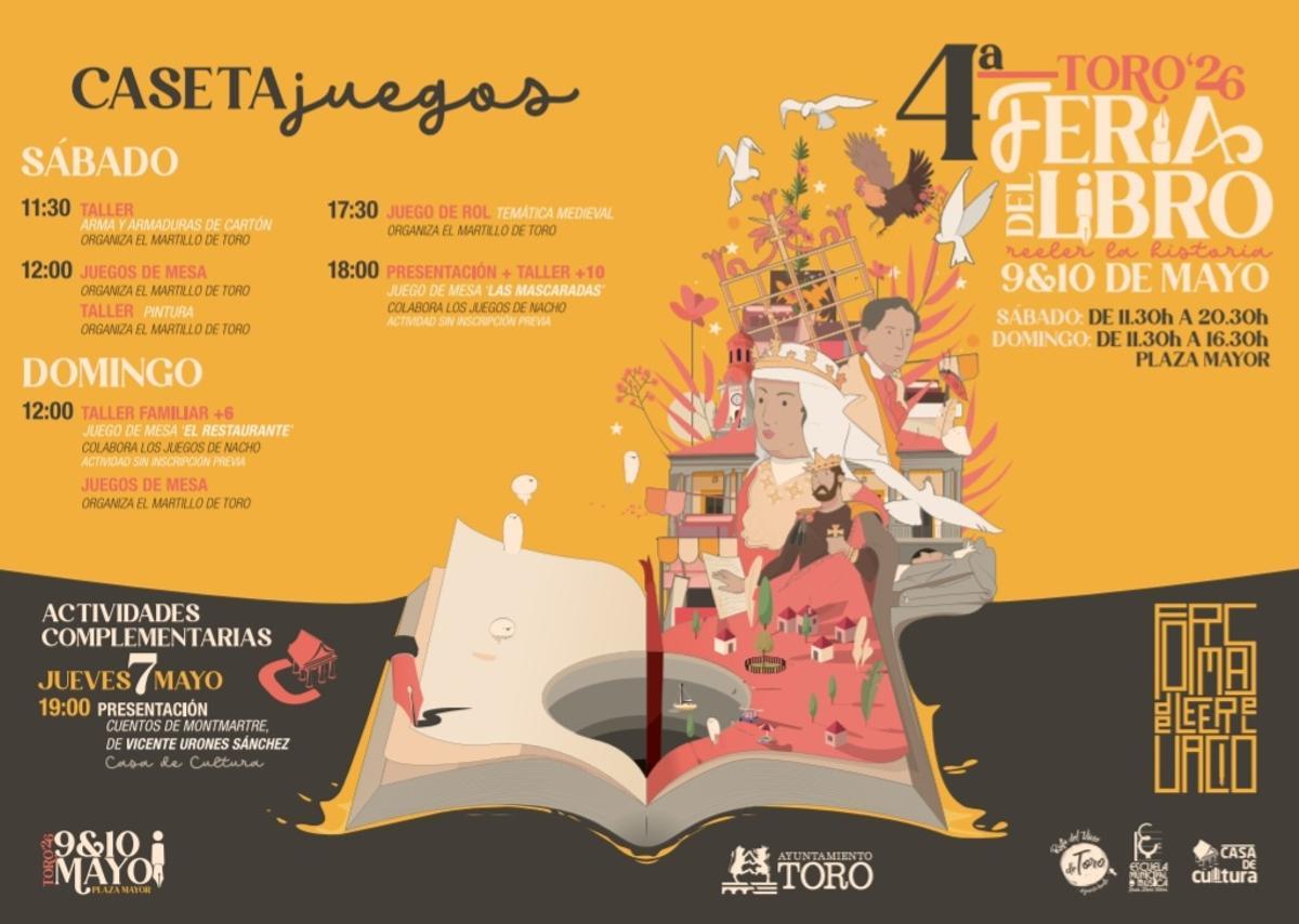Programación de actividades en la caseta de juegos durante la Feria del Libro.