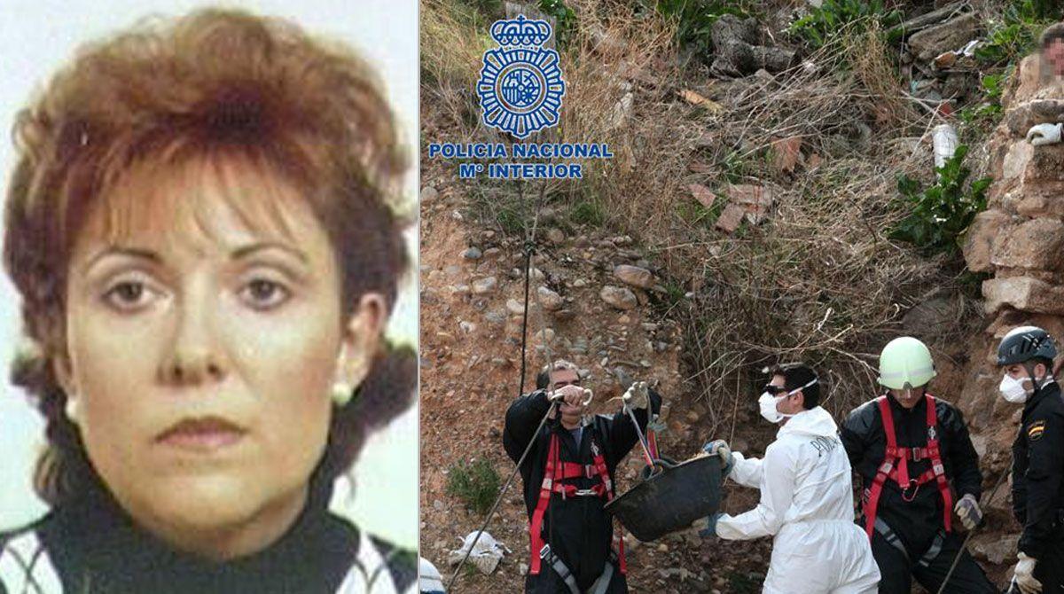 A la izquierda, una imagen de Pilar Cebrián. A la derecha, la Policía Nacional durante las tareas de búsqueda.