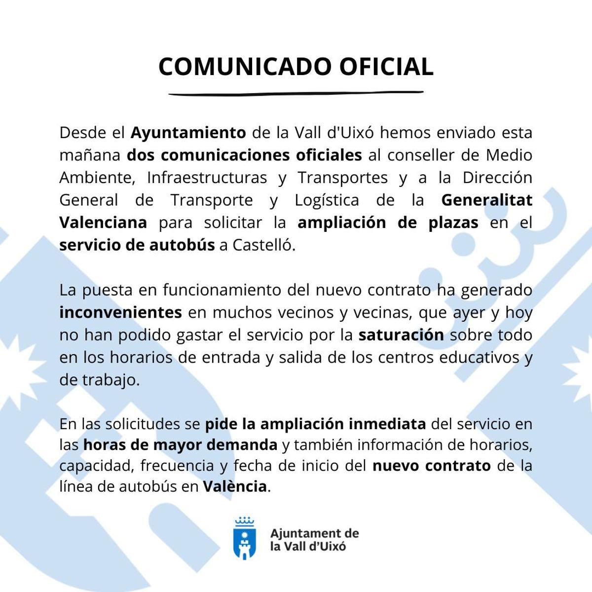 Comunicado oficial que ha hecho público este martes el Ayuntamiento de la Vall.