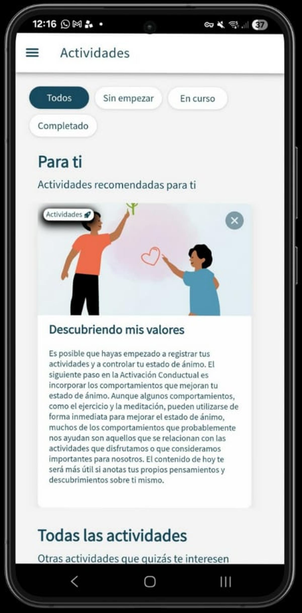 Página de la aplicación sobre la depresión del proyecto Mentina