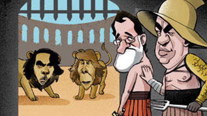 El foso popular. La situación que vive el PP, en una viñeta: Cascos empuja a Rajoy hacia los leones.